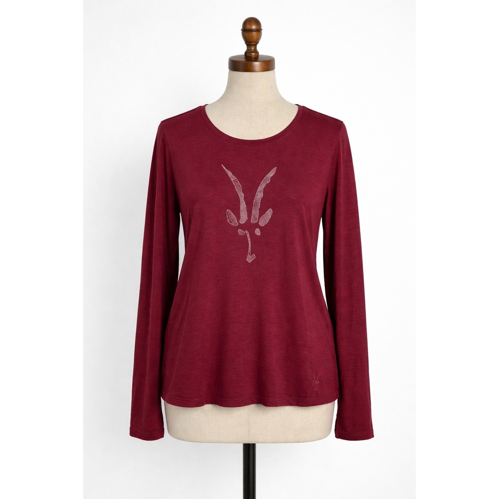 RARE- Ibex Women's Merino Wool Long Sleeve Graphic Top Burgundy Large Base Layer